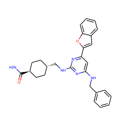 NC(=O)[C@H]1CC[C@H](CNc2nc(NCc3ccccc3)cc(-c3cc4ccccc4o3)n2)CC1 ZINC000299821701