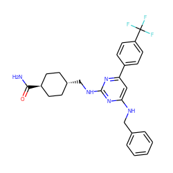 NC(=O)[C@H]1CC[C@H](CNc2nc(NCc3ccccc3)cc(-c3ccc(C(F)(F)F)cc3)n2)CC1 ZINC000299821481