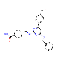 NC(=O)[C@H]1CC[C@H](CNc2nc(NCc3ccccc3)cc(-c3ccc(CO)cc3)n2)CC1 ZINC000299820970