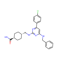 NC(=O)[C@H]1CC[C@H](CNc2nc(NCc3ccccc3)cc(-c3ccc(Cl)cc3)n2)CC1 ZINC000299821887