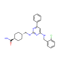 NC(=O)[C@H]1CC[C@H](CNc2nc(NCc3ccccc3Cl)cc(-c3ccccc3)n2)CC1 ZINC000299828686