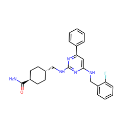 NC(=O)[C@H]1CC[C@H](CNc2nc(NCc3ccccc3F)cc(-c3ccccc3)n2)CC1 ZINC000299826340