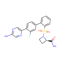 NC(=O)[C@H]1CCN1S(=O)(=O)c1ccccc1-c1ccc(-c2cnc(N)cn2)c(F)c1 ZINC000212154651