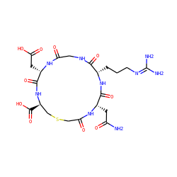 NC(=O)C[C@@H]1NC(=O)CSC[C@@H](C(=O)O)NC(=O)[C@H](CC(=O)O)NC(=O)CNC(=O)[C@H](CCCN=C(N)N)NC1=O ZINC000026172496