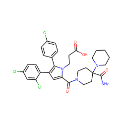 NC(=O)C1(N2CCCCC2)CCN(C(=O)c2cc(-c3ccc(Cl)cc3Cl)c(-c3ccc(Cl)cc3)n2CCC(=O)O)CC1 ZINC000058590921