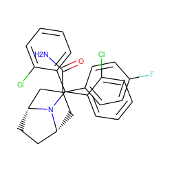 NC(=O)C1(c2ccc(F)cc2)C[C@@H]2CC[C@H](C1)N2C(c1ccccc1Cl)c1ccccc1Cl ZINC000040395697