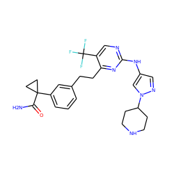 NC(=O)C1(c2cccc(CCc3nc(Nc4cnn(C5CCNCC5)c4)ncc3C(F)(F)F)c2)CC1 ZINC000211035038