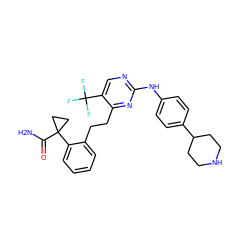 NC(=O)C1(c2ccccc2CCc2nc(Nc3ccc(C4CCNCC4)cc3)ncc2C(F)(F)F)CC1 ZINC000211073489