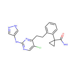 NC(=O)C1(c2ccccc2CCc2nc(Nc3cn[nH]c3)ncc2Cl)CC1 ZINC000211091721