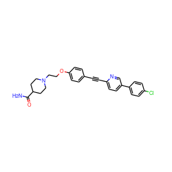 NC(=O)C1CCN(CCOc2ccc(C#Cc3ccc(-c4ccc(Cl)cc4)cn3)cc2)CC1 ZINC000166277515