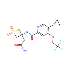 NC(=O)CC1(NC(=O)c2cc(OCC(F)(F)F)c(C3CC3)cn2)CS(=O)(=O)C1 ZINC000149249514