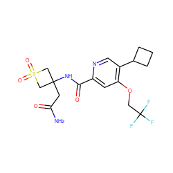 NC(=O)CC1(NC(=O)c2cc(OCC(F)(F)F)c(C3CCC3)cn2)CS(=O)(=O)C1 ZINC000149248191