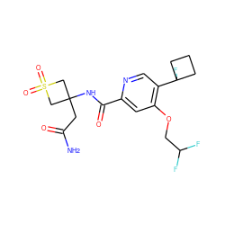 NC(=O)CC1(NC(=O)c2cc(OCC(F)F)c(C3(F)CCC3)cn2)CS(=O)(=O)C1 ZINC000149260147