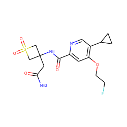 NC(=O)CC1(NC(=O)c2cc(OCCF)c(C3CC3)cn2)CS(=O)(=O)C1 ZINC000149260380