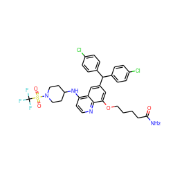 NC(=O)CCCCOc1cc(C(c2ccc(Cl)cc2)c2ccc(Cl)cc2)cc2c(NC3CCN(S(=O)(=O)C(F)(F)F)CC3)ccnc12 ZINC001772608530