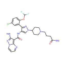 NC(=O)CCCN1CCC(n2cc(NC(=O)c3c(N)nn4cccnc34)c(-c3cc(Cl)ccc3OC(F)F)n2)CC1 ZINC001772580817