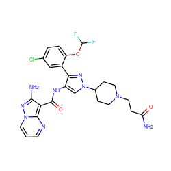 NC(=O)CCN1CCC(n2cc(NC(=O)c3c(N)nn4cccnc34)c(-c3cc(Cl)ccc3OC(F)F)n2)CC1 ZINC001772613184