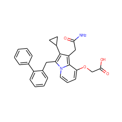 NC(=O)Cc1c(C2CC2)c(Cc2ccccc2-c2ccccc2)n2cccc(OCC(=O)O)c12 ZINC000013758439