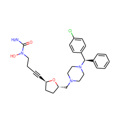 NC(=O)N(O)CCC#C[C@@H]1CC[C@@H](CN2CCN([C@H](c3ccccc3)c3ccc(Cl)cc3)CC2)O1 ZINC000026376569