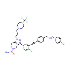 NC(=O)N1CCc2c(c(-c3ccc(Cl)c(C#Cc4ccc(CNCc5ccc(Cl)cc5)cc4)c3)nn2CCCN2CCC(C(F)(F)F)CC2)C1 ZINC000095595536