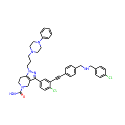 NC(=O)N1CCc2c(c(-c3ccc(Cl)c(C#Cc4ccc(CNCc5ccc(Cl)cc5)cc4)c3)nn2CCCN2CCN(c3ccccc3)CC2)C1 ZINC000095596441