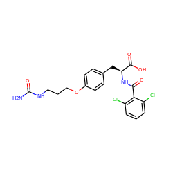 NC(=O)NCCCOc1ccc(C[C@H](NC(=O)c2c(Cl)cccc2Cl)C(=O)O)cc1 ZINC000084654962