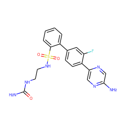 NC(=O)NCCNS(=O)(=O)c1ccccc1-c1ccc(-c2cnc(N)cn2)c(F)c1 ZINC000224787405