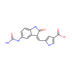 NC(=O)Nc1ccc2c(c1)/C(=C/c1cc(C(=O)O)c[nH]1)C(=O)N2 ZINC000028708309