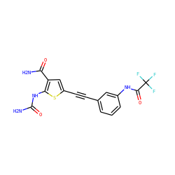 NC(=O)Nc1sc(C#Cc2cccc(NC(=O)C(F)(F)F)c2)cc1C(N)=O ZINC000028525407