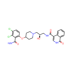 NC(=O)c1c(OC2CCN(C[C@H](O)CNC(=O)c3c[nH]c(=O)c4ccccc34)CC2)ccc(Cl)c1Cl ZINC000095563217