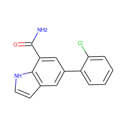 NC(=O)c1cc(-c2ccccc2Cl)cc2cc[nH]c12 ZINC000071329208