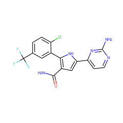 NC(=O)c1cc(-c2ccnc(N)n2)[nH]c1-c1cc(C(F)(F)F)ccc1Cl ZINC000098208612