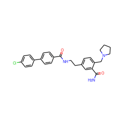 NC(=O)c1cc(CCNC(=O)c2ccc(-c3ccc(Cl)cc3)cc2)ccc1CN1CCCC1 ZINC000473090682