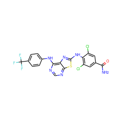 NC(=O)c1cc(Cl)c(Nc2nc3c(Nc4ccc(C(F)(F)F)cc4)ncnc3s2)c(Cl)c1 ZINC000040877178