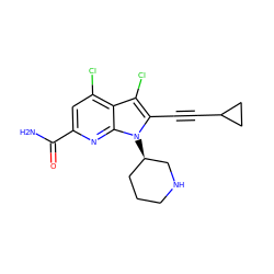 NC(=O)c1cc(Cl)c2c(Cl)c(C#CC3CC3)n([C@@H]3CCCNC3)c2n1 ZINC001772640991