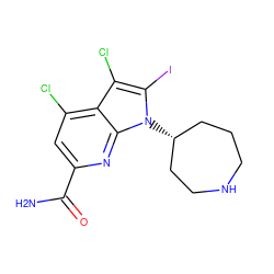 NC(=O)c1cc(Cl)c2c(Cl)c(I)n([C@@H]3CCCNCC3)c2n1 ZINC001772628842