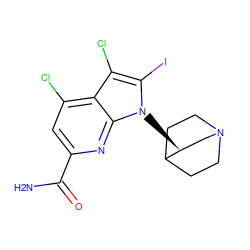 NC(=O)c1cc(Cl)c2c(Cl)c(I)n([C@H]3CN4CCC3CC4)c2n1 ZINC001772637127