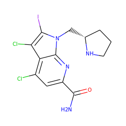 NC(=O)c1cc(Cl)c2c(Cl)c(I)n(C[C@@H]3CCCN3)c2n1 ZINC001772622608