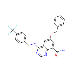 NC(=O)c1cc(OCc2ccccc2)cc2c(NCc3ccc(C(F)(F)F)cc3)ncnc12 ZINC000114346950