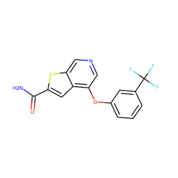 NC(=O)c1cc2c(Oc3cccc(C(F)(F)F)c3)cncc2s1 ZINC000013864385