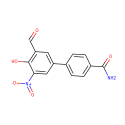 NC(=O)c1ccc(-c2cc(C=O)c(O)c([N+](=O)[O-])c2)cc1 ZINC000169699663