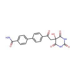 NC(=O)c1ccc(-c2ccc(C(=O)CC3(O)C(=O)NC(=O)NC3=O)cc2)cc1 ZINC000095578902