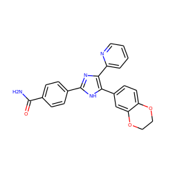 NC(=O)c1ccc(-c2nc(-c3ccccn3)c(-c3ccc4c(c3)OCCO4)[nH]2)cc1 ZINC000014806405