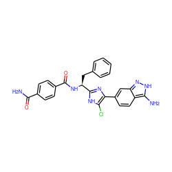 NC(=O)c1ccc(C(=O)N[C@@H](Cc2ccccc2)c2nc(-c3ccc4c(N)[nH]nc4c3)c(Cl)[nH]2)cc1 ZINC000034663277