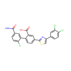 NC(=O)c1ccc(Cl)c(-c2ccc(-c3nc(-c4ccc(Cl)c(Cl)c4)cs3)cc2C(=O)O)c1 ZINC000204983132