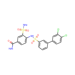 NC(=O)c1ccc(NS(=O)(=O)c2cccc(-c3ccc(Cl)c(Cl)c3)c2)c(S(N)(=O)=O)c1 ZINC000147071184