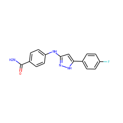 NC(=O)c1ccc(Nc2cc(-c3ccc(F)cc3)[nH]n2)cc1 ZINC000040380415