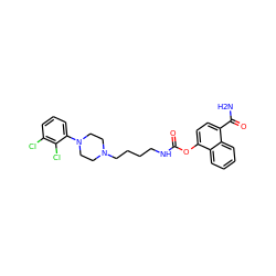 NC(=O)c1ccc(OC(=O)NCCCCN2CCN(c3cccc(Cl)c3Cl)CC2)c2ccccc12 ZINC000653842749