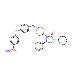 NC(=O)c1ccc(Oc2ccc(CN3CCC(N4C(=O)N(C5CCCCC5)C[C@H]4c4ccccc4)CC3)cc2)cc1 ZINC000096285360