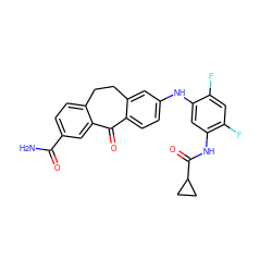 NC(=O)c1ccc2c(c1)C(=O)c1ccc(Nc3cc(NC(=O)C4CC4)c(F)cc3F)cc1CC2 ZINC001772570343